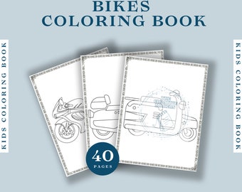 Può includere: Un libro da colorare con tre illustrazioni in bianco e nero di motociclette. Il libro ha 40 pagine ed è intitolato "Bikes Coloring Book".