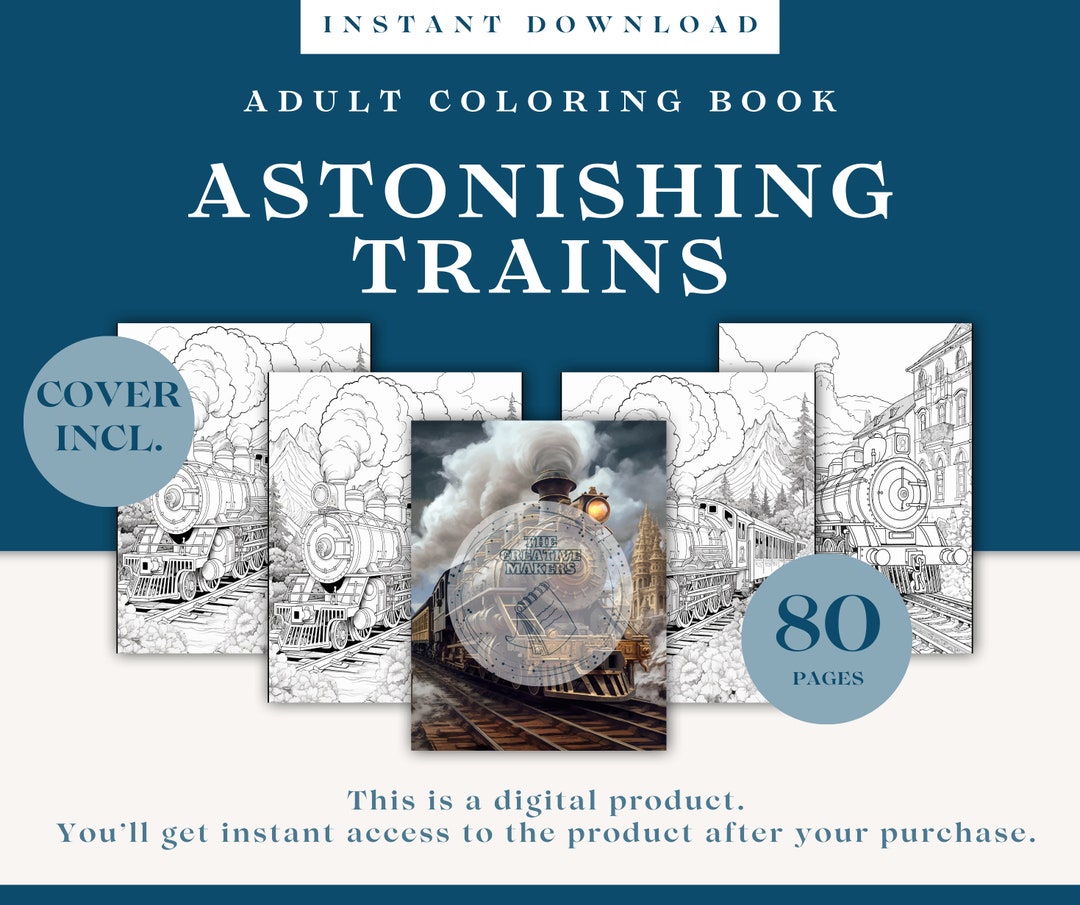 Astonishing Trains Adult Coloring Book | 80 Coloring Pages | Instant ...