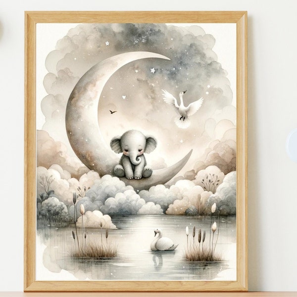 Watercolor Elephant on the Moon Print, Nursery Painting Decor, Children Bedroom Wall Art, New Baby Printable, Kids Room Dreamy Poster.