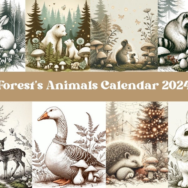 Children's calendar, kids room calendar printable, forest animals printable calendar 2024 plants, prints illustrated, decor INSTANT DOWNLOAD