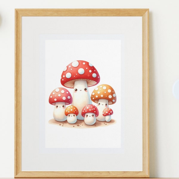 Kawaii aesthetic nursery print, Printable Toadstool Family art, Digital Download Illustration, Printable children room decoration