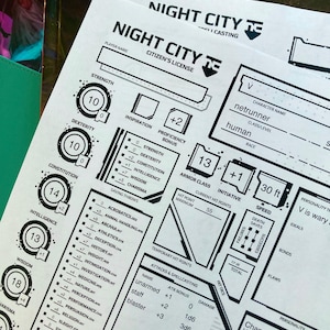 May include: Two white paper sheets with black text and graphics, labeled "NIGHT CITY" and "Citizen's License." The sheets feature character stats, skills, and game mechanics for a roleplaying game. Includes text like "Strength," "Dexterity," and "Initiative."
