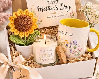 Caja de regalo para el Día de la Madre, juego de vela y taza, regalo de flores de ganchillo, regalo acogedor para ella, regalo de cumpleaños para mamá, set de regalo relajante