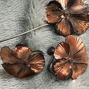 Vintage Stuart Nye Copper and Sterling Pansy Stick Pin and Screw Back Earrings