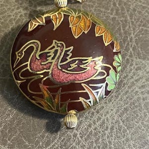 Vintage Cloisonne Double Sided Pendant Two Swans on Pond with Chain