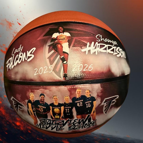 May include: An orange basketball with custom graphics. The ball features a photo of a basketball player, the words "Lady Falcons," "Shamya Harrison," and the years "2025" and "2026." Below the player is a team photo.