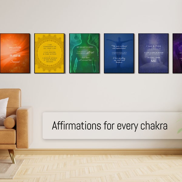 Positive Chakra Affirmations Digital Wall Art Set of 7 Bundle Printable - Home or Yoga studio decoration, healing space, spiritual art