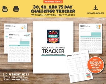 Printable Challenge Tracker (30, 40 and 75 day) plus bonus habit tracker, 30 day goal tracker, monthly goal planner, 30 day challenge