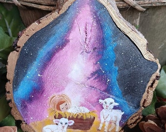 Hand painted Nativity Scene on Wood Slice, Baby Jesus and Lambs with Cosmic Background, Creche Scene, Original artwork, Rescued wood.