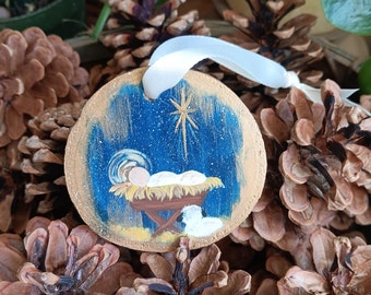 Hand painted Nativity Scene on Wood Slice, Baby Jesus and Lamb, Creche Scene, Original artwork, Rescued wood.