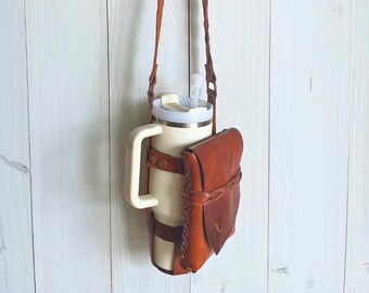 Leather Tumbler Carrier with Adjustable Strap & Removable Pouch