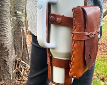 Handstitched Leather Water Bottle Holder with Pouch: Stanley Cup Carrier