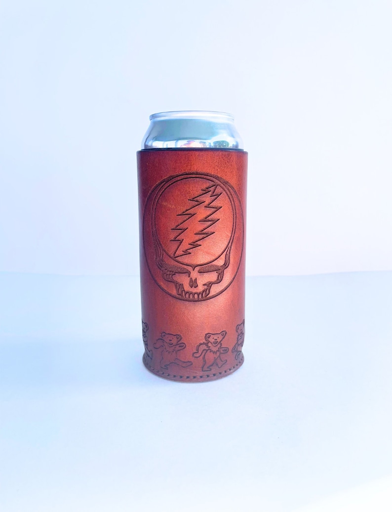 grateful dead beer koozie steal your face grateful dead gift deadhead gift greatful dead beer cozie greatful mug dancing bears leather gift