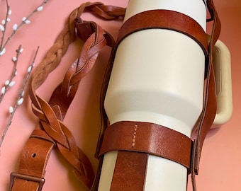 Handstitched Leather Water Bottle Holder: Stanley Tumbler Carrier