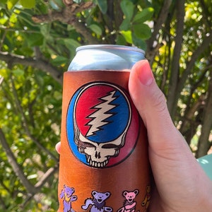 grateful dead beer koozie steal your face grateful dead gift deadhead gift greatful dead beer cozie greatful mug dancing bears leather gift