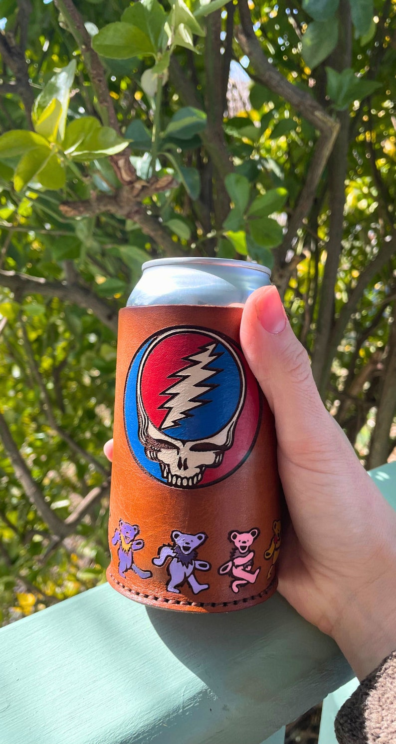 grateful dead beer koozie steal your face grateful dead gift deadhead gift greatful dead beer cozie greatful mug dancing bears leather gift