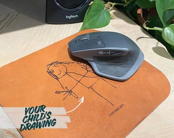 Alfombrilla de ratón de cuero grabada con dibujo infantil, regalo personalizado para papá