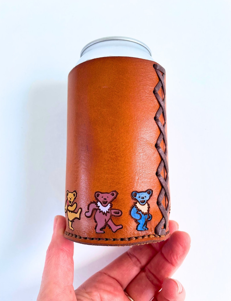 grateful dead beer koozie steal your face grateful dead gift deadhead gift greatful dead beer cozie greatful mug dancing bears leather gift