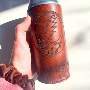grateful dead beer koozie steal your face grateful dead gift deadhead gift greatful dead beer cozie greatful mug dancing bears leather gift