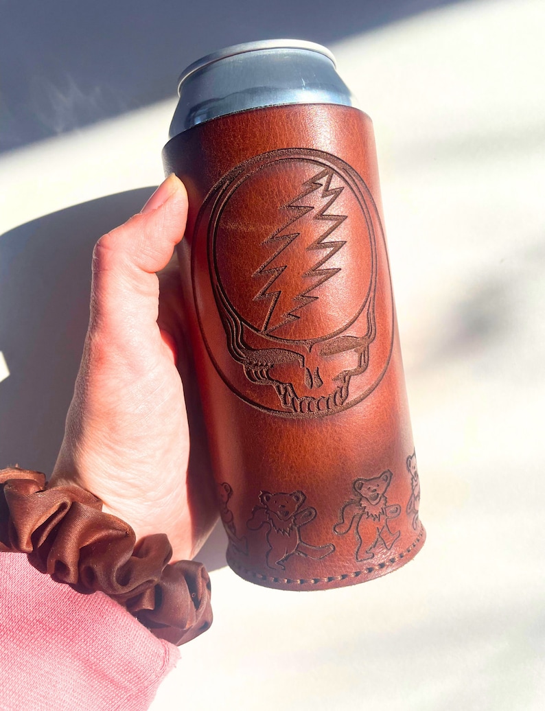 grateful dead beer koozie steal your face grateful dead gift deadhead gift greatful dead beer cozie greatful mug dancing bears leather gift