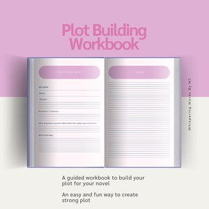 Op de afbeelding: Een open werkboek getiteld "Plot Building Workbook" met gelinieerde pagina's en prompts om te schrijven. De omslag en tekst zijn in roze en paarse tinten. Het werkboek is ontworpen om schrijvers te helpen hun romanplots te bouwen.