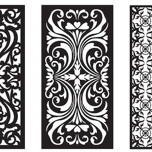 Peut inclure: Trois panneaux décoratifs noirs et blancs avec des motifs floraux complexes. Les panneaux sont rectangulaires et ont un design symétrique.
