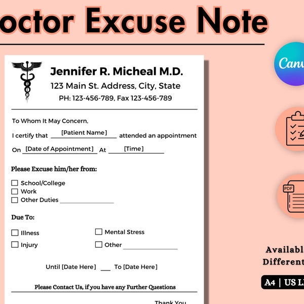 Fillable Doctors Note | Doctor Excuse Note | Fake Doctors Note | Doctors Excuse For Work | Doctor's Excuse Template | Urgent Care Note | PDF