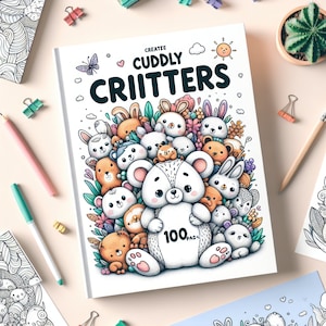 May include: A white coloring book titled "CUDDLY CRIITTERS" with a collection of cartoon animals. The cover features a large white bear surrounded by bunnies, bears, and other creatures. The book has 100 pages and is surrounded by pencils, pens, and paper clips.