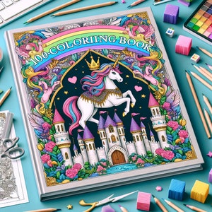 100 Unicorn Princesses and Castles Coloring Book, Digital Printable Book, printable art for adult and children Unicorn gift, coloring PDF