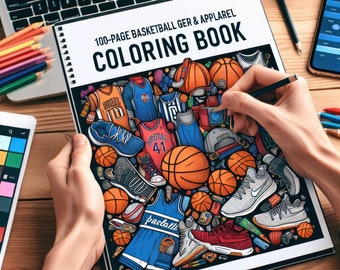 100 målarbilder med basket, utrustning och kläder, digital PDF-bok, utskrivbar konst för vuxna och barn, basketgåva, målarbok i PDF-format