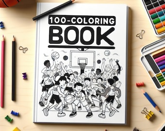 100 målarbilder för barn som spelar basket, digital bok, utskrivbar present för vuxna och barn, basketpresent, målarbok i PDF-format för nedladdning