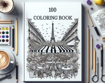 Libro para colorear de cafés parisinos de 100 páginas en formato PDF, descarga digital para niños y adultos, regalo perfecto, actividad divertida para colorear París para la atención plena.