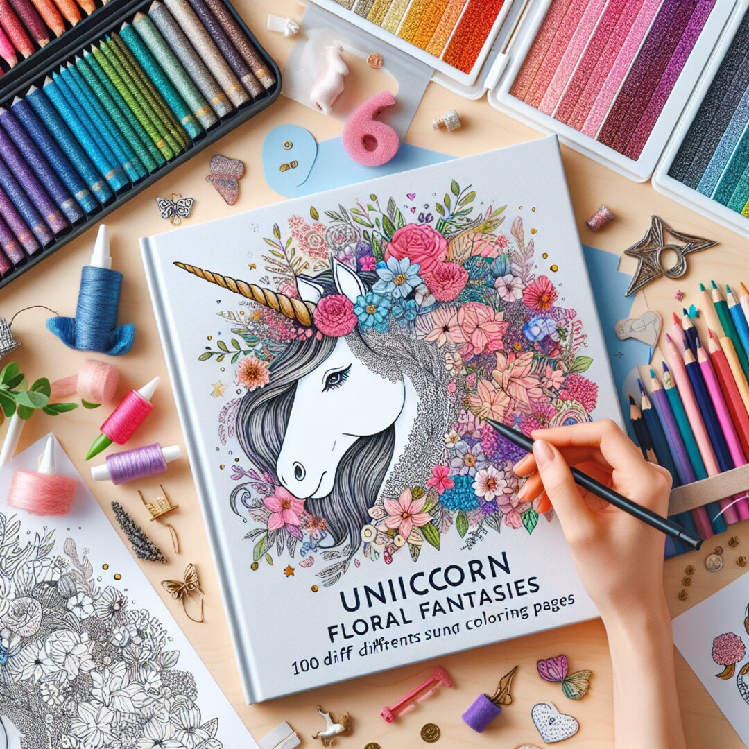 100 Printable Coloring Unicorn Floral Fantasies, Digital PDF Book ...