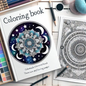 Puede incluir: Una portada de libro para colorear con el título "Celestials Coloring Book" y el texto "There are 100 coloring pages!" La portada presenta un diseño de mandala con una flor azul y plateada rodeada de medias lunas y estrellas sobre un fondo azul oscuro.