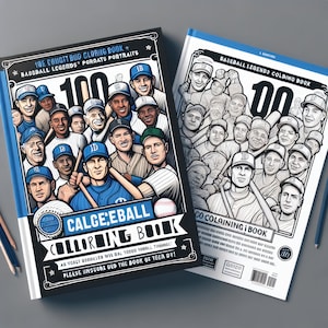 Puede incluir: Un libro para colorear con 100 leyendas del béisbol. La portada presenta una ilustración colorida de jugadores de béisbol en acción. El título del libro es "Calge;eball Coloring Book".