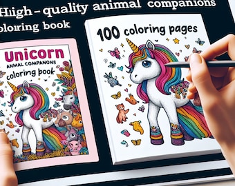 100 Printable coloring Unicorn Animal Companions Digital PDF Book, printable art for adult and children Unicorn gift, coloring PDF