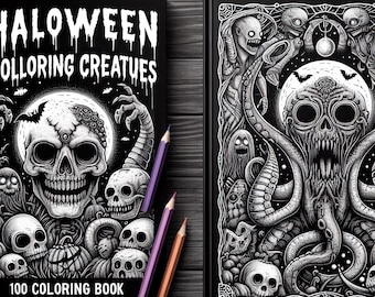 Libro da colorare di 100 pagine di Halloween con creature inquietanti in formato PDF digitale per bambini e adulti, attività regalo divertenti, disegni di mostri spettrali, pagine stampabili