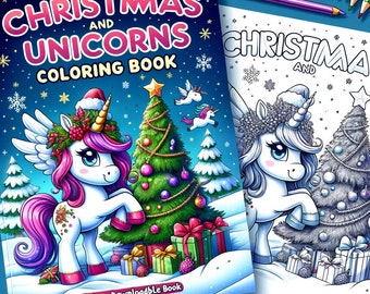 Christmas Unicorn Coloring Pages - 30 Cute Designs, Digital PDF Book, printable art for adult and children Unicorn gift, coloring PDF