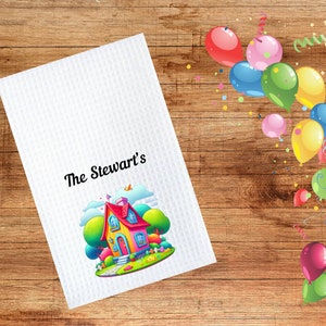 Personalized Dish Towel - Your name or saying on a Dish Towel with a cartoon style house.  Makes a great closing gift or housewarming gift.