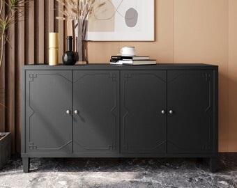 Encanto campestre refinado: el exclusivo gabinete de madera decorativo de 4 puertas: aparador de almacenamiento espacioso y elegante con acabado en negro envejecido