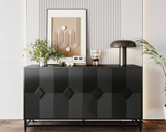 Accent Black Lacquered 4 Door Wooden Cabinet Sideboard