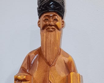 Vintage Hand-Carved Wooden Asian Man Figurine, Folk Art Statue