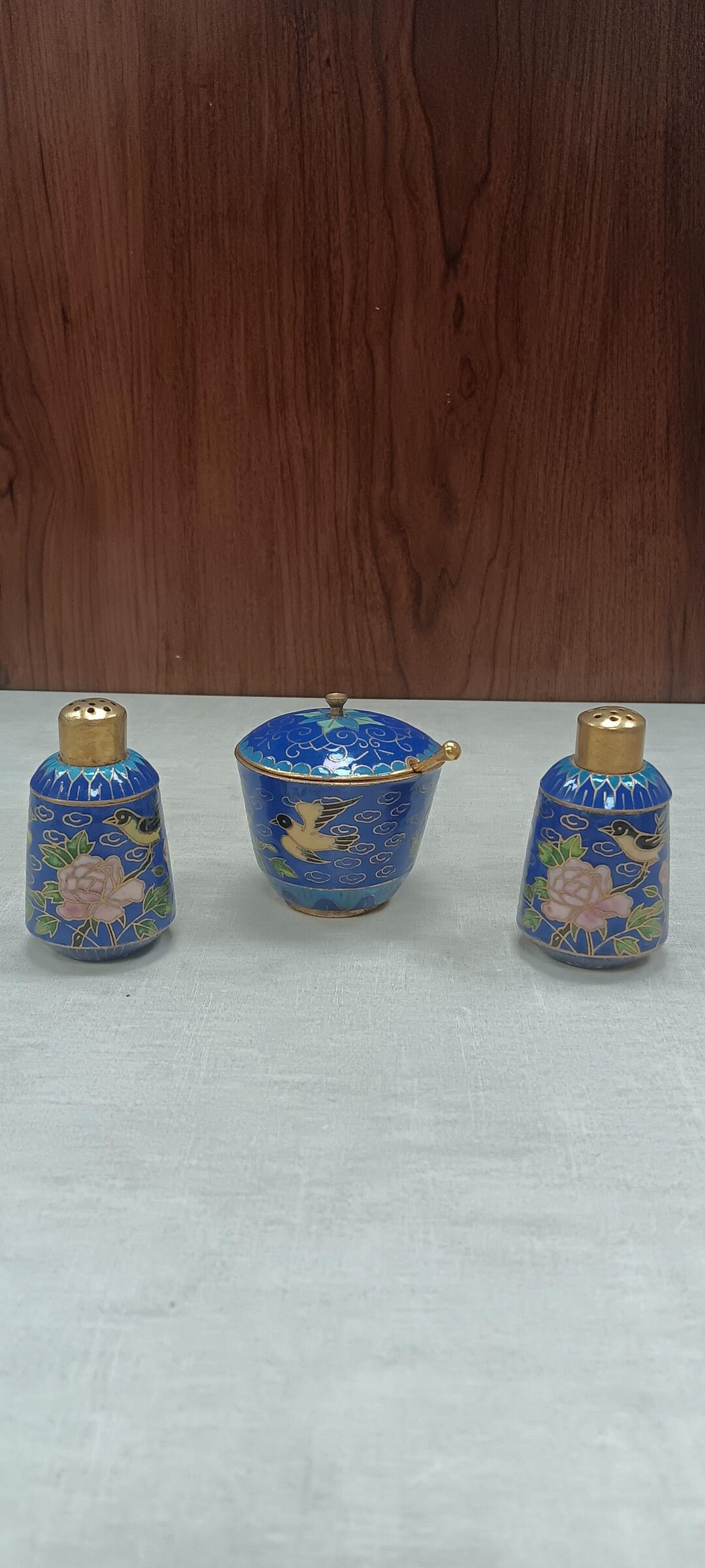 Vintage Chinese Cloisonné Condiment, Spice Set Birds and Flower Motif ...