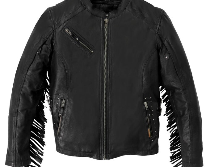 Frauen Leder Fringe Schwarz Motorradjacke | Western Cowgirl Lederjacke | Echtes Leder-Dekor mit Fransen | Geschenk für Sie