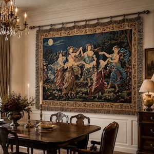 May include: A large rectangular wall tapestry featuring a woven scene of five figures in flowing dresses dancing in a circle within a dark forest setting under a full moon, finished with a decorative fringed border and hung on a metal rod.