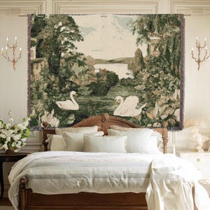 Tapiz tejido de Lago de los Cisnes, verdor romántico, algodón, para colgar en la pared, estilo francés, estilo vintage, jardín, paisaje europeo, arte textil, manta