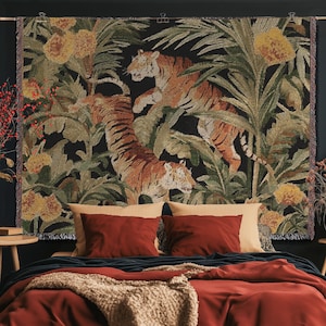 Tiger Tapisserie Baumwolle Grün Dschungel Tapisserie Gewebter Maximalist Wandteppich Chinesischer Tiger Tapisserie Maximalist Wandbehang Tropisch
