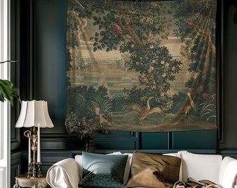 Vintage French Tapestry Verdure With Château And Garden Moody Wall Decor Eclectic Wall Tapestry French Countryside Decor Dark Cottagecore