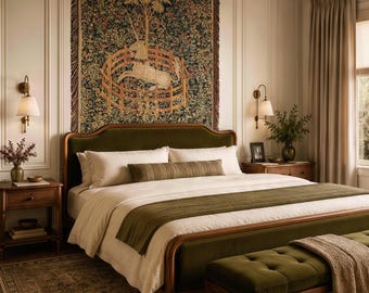 Unicorn Wall Tapestry Medieval French Cotton Wall Hanging Millefleurs Textile Art Floral Medieval Unicorn Tapestry Woven European Tapestry