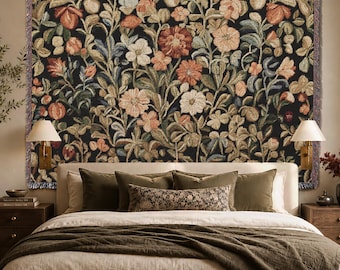 Floral French Tapestry Woven Dark Cottagecore Verdure Eclectic textile Wall Decor Medieval Tapestry Maximalist Flower tapestry vintage